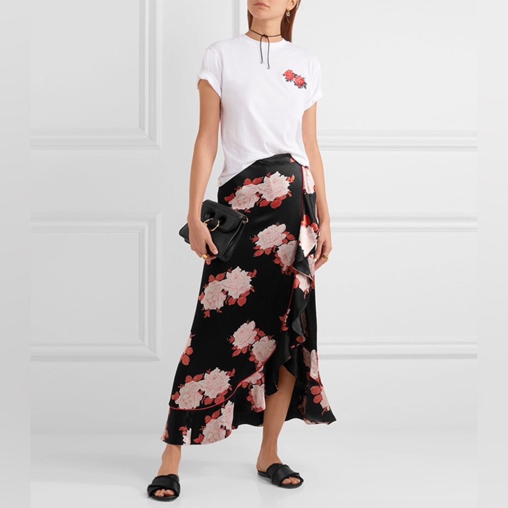 Ganni Floral Wrap Effect Satin Skirt